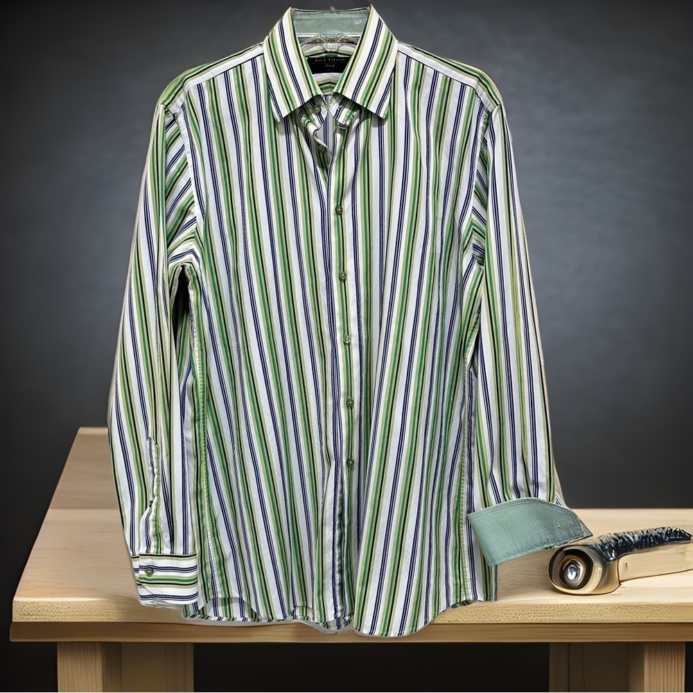 Jack Lipson Flex Lime & Navy stripe 100% Cotton button down shirt 16.5, Large‍‍‍